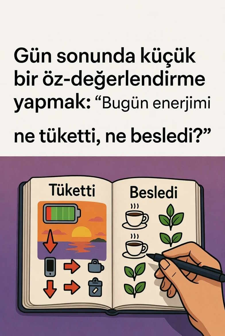 Gün sonunda küçük bir öz-değerlendirme yapmak: Bugün enerjimi ne tüketti, ne besledi?